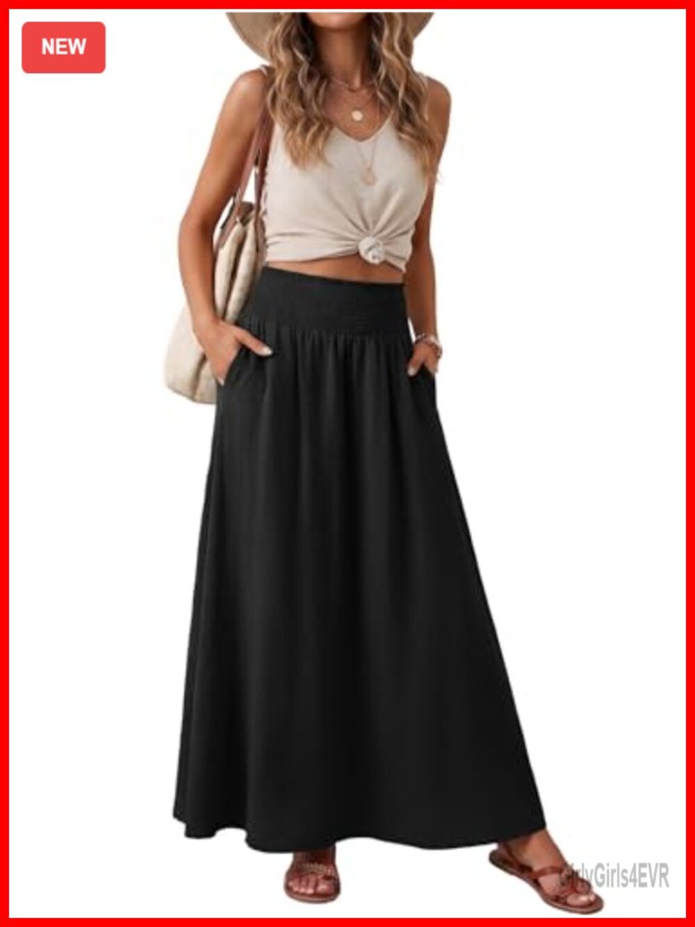 Maxi Skirt Smocked High Waisted Boho Pleated Beach Long with Pockets